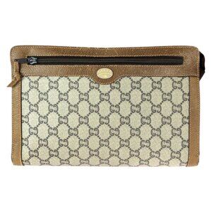 Gucci Vintage Plus Beige Brown Gold GG Supreme Canvas Clutch